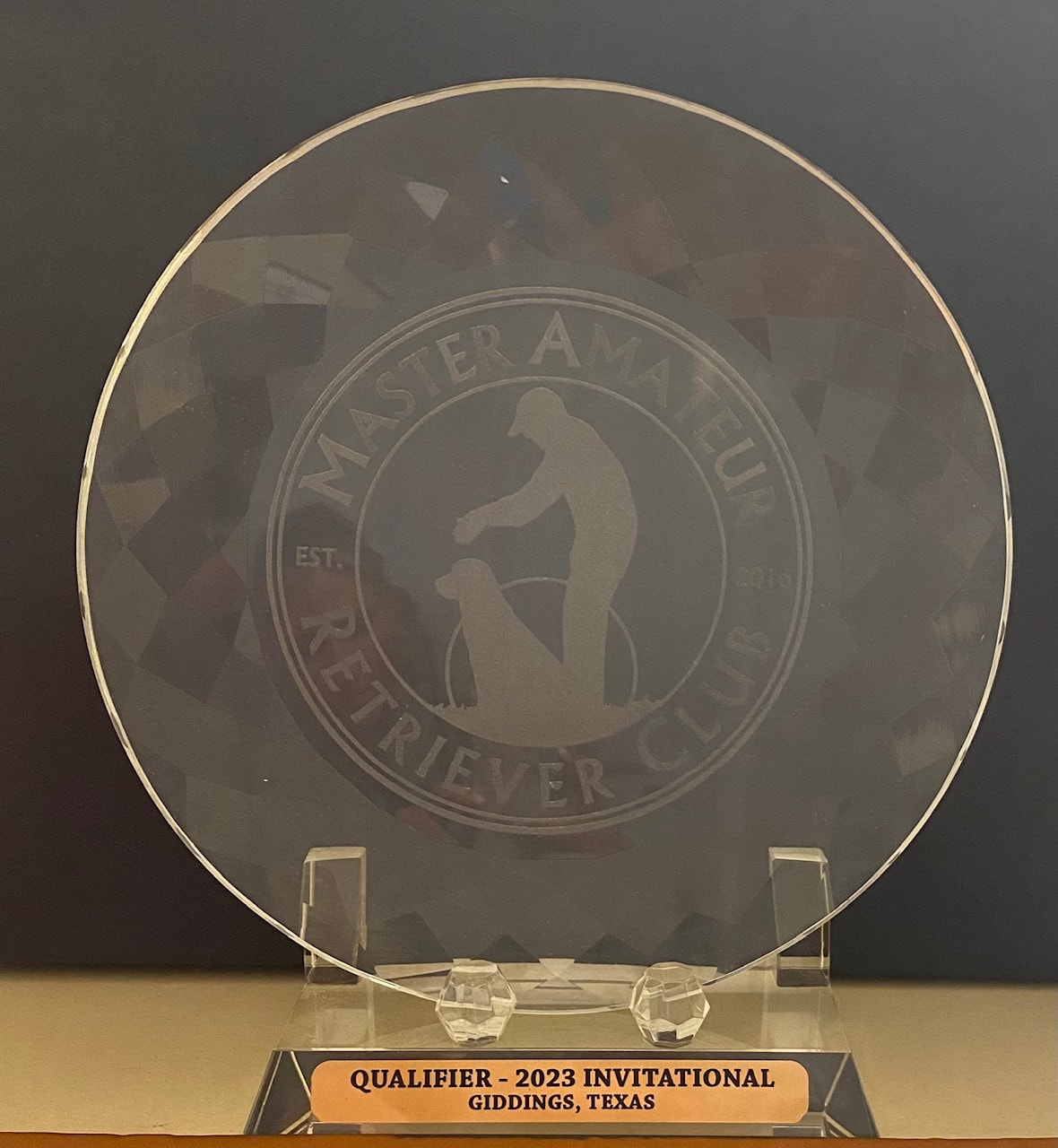 Master Amateur Retriever Club glass award — Qualifier 2023 Invitational Giddings Texas
